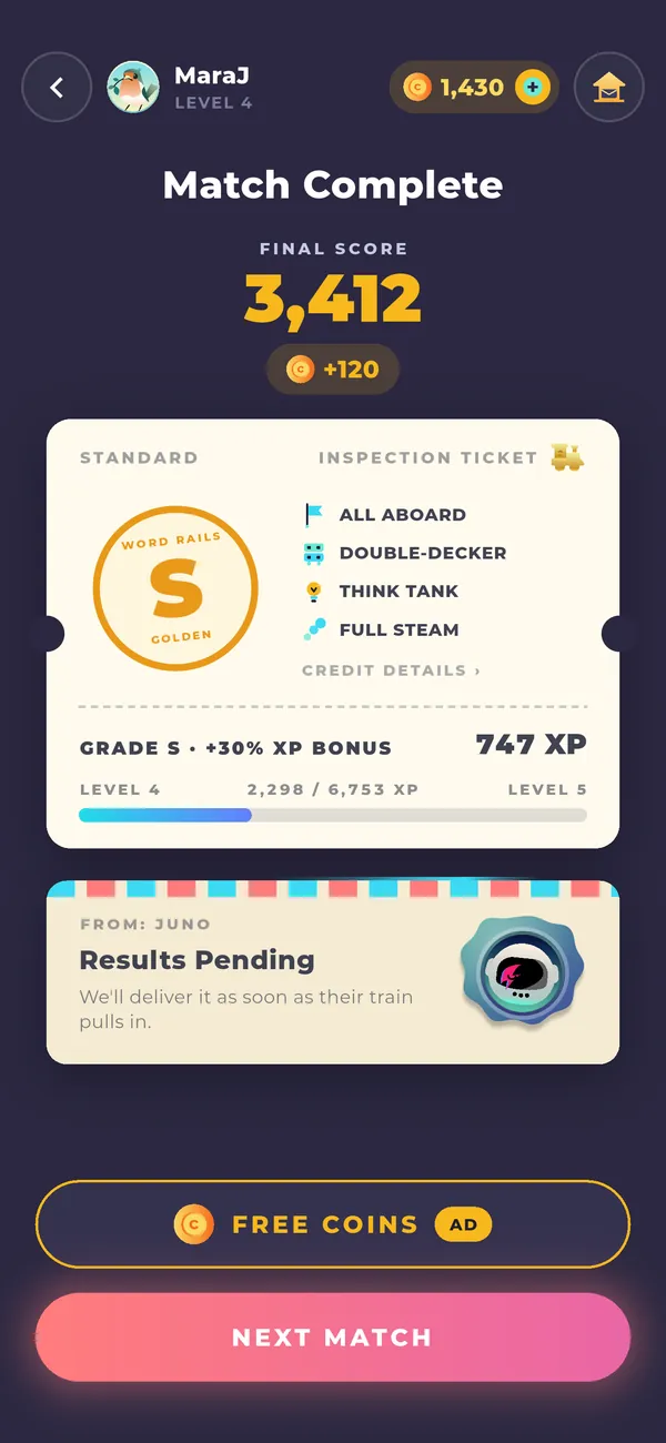 The Inspection Ticket after a match: a golden S grade with ALL ABOARD, DOUBLE-DECKER, THINK TANK and FULL STEAM credits